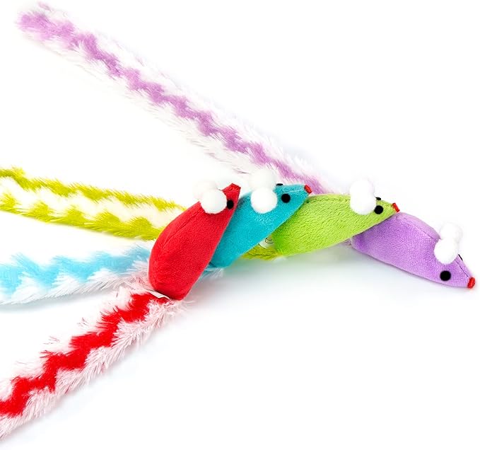 CHIWAVA 4 Packs 15 Inch Long Soft Plush Cat Toys Mice with Rattle Rustle Sound Small Mouse Activity Interactive Toy