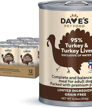 Dave's Pet Food Grain Free Wet Dog Food (95% Turkey & Turkey Liver), Made in USA Single-Source Protein, Limited Ingredients, 12.5 oz Cans (12 Pack)