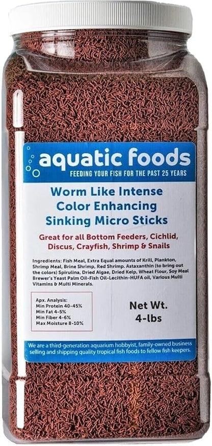 Aquatic Foods Inc. Worm Like Intense Color Enhancing Sinking Micro Sticks for Discus, Cichlids, Koi and Pond Fish, All Tropical Fish…4-lb Lg Jar