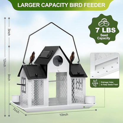 Solar Bird Feeders House for Outdoors Hanging, 7LBS Large Capacity Metal Wild Bird Feeder Squirrel Proof for Outside with Water Cup, Cardinal Birdfeeder Birdhouses Gift for Bird Lovers
