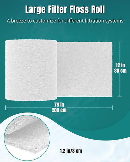 Pawfly 79 x 12 Inch White Cuttable Aquarium Filter Pad, 2 Inch Thick High Density Filter Media Roll for Freshwater Saltwater Fish Tanks & Small Ponds, Aquarium Filter Floss Roll for Fish Tank Filters