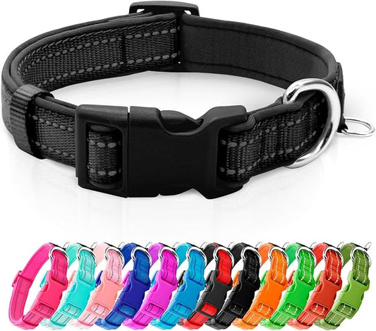 azuza Reflective Dog Collar,Soft Neoprene Padded Pet Collar with ID Tag Ring,Adjustable for Medium Dogs,Black,M