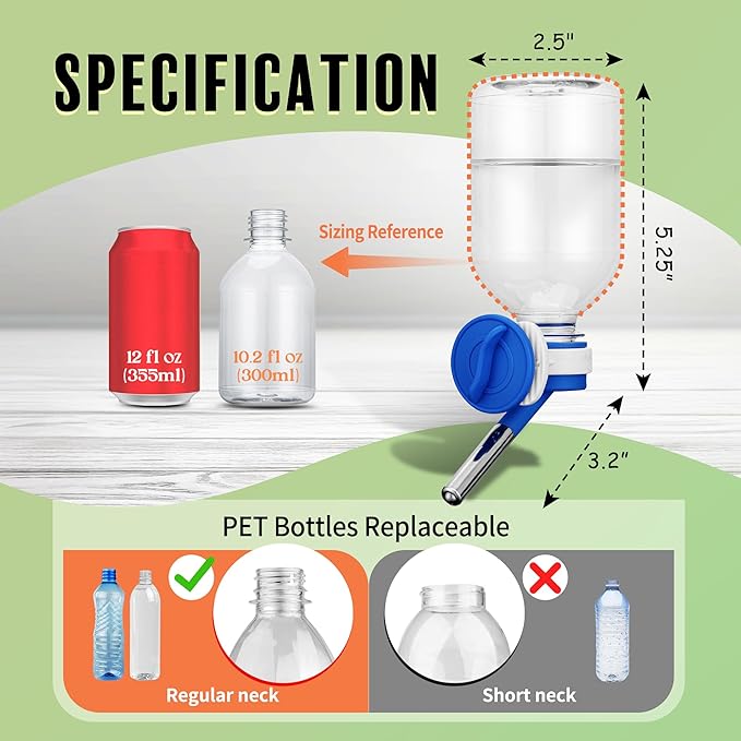 Choco Nose No-Drip Water Bottle Feeder for Guinea Pigs, Hamsters, Bunnies, Ferrets, & Small Pets, 10.2 fl.oz, 300ml - Easy to Install in Cages/Crates, US Patented Leakproof Nozzle 10mm, Blue (C128)