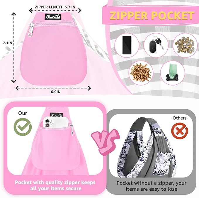 Lukovee Pet Sling, Hand Free Dog Sling Carrier Adjustable Padded Strap Tote Bag, Shoulder Bag with Safety Belt & Front Pocket for Small Dog Cat Puppy (Pink-WY,M)