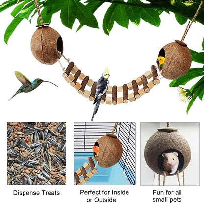 Hamiledyi Coconut Bird Nest Hut with Ladder Hanging Birds Hide House Toy for Cage Natural Coco Shell Hideaway for Parakeet Lovebirds Finch Syrian Hamster Gecko Squirrel Climbing