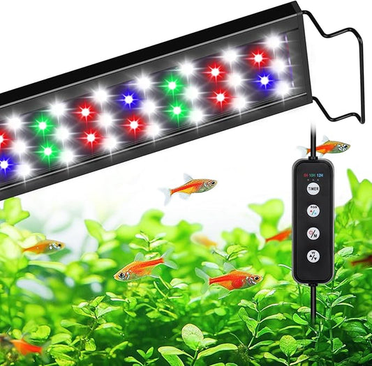 AQQA Full Spectrum Aquarium Light,Fish Tank Lights for Plant Growth Fish Viewing,3 Mode White Blue Red Green LED Beads,Timer,Adjustable Brightness,Extendable Brackets for Freshwater 18W for 18-24inch