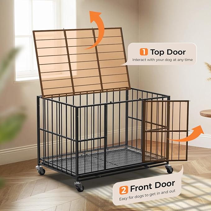 48/42/38 Inch Heavy Duty Dog Crate Steel Escape Proof,Indoor Double Door High Anxiety Cage, Removable Tray, Kennel with Wheels,XL XXL
