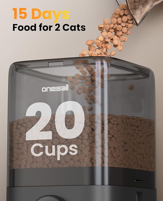 oneisall Wireless WiFi Automatic Cat Feeders 2 Cat, Rechargeable 100-Day Battery Operated Timed Cats Feeder, 20 Cups/5L Cats Food Dispenser Automatic for Large Kibble, Smart App Control.