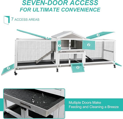 2-Tier Rabbit Hutch with Wheels, Indoor & Outdoor Small Animal Cage with Deep Pull-Out Tray, Anti-Chew Frame, Habitat for Bunny, Guinea Pig, Chinchilla (93" L x 19" W x 35" H)