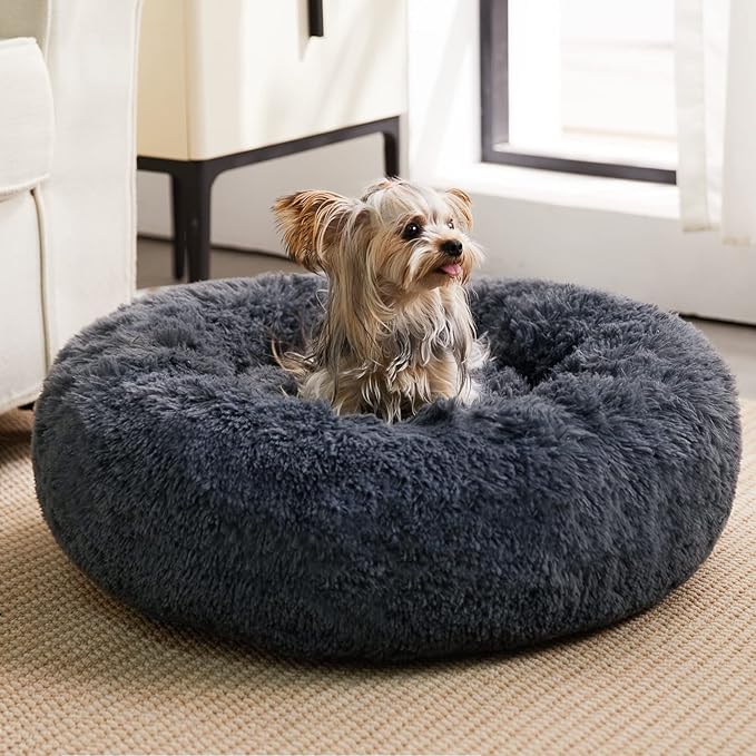 WNPETHOME Calming Dog & Cat Bed, Anti-Anxiety Donut Bed, Fluffy Faux Fur Cushion for Small Dogs and Cats (24 x 24 x 8 Inch, Navy Grey)