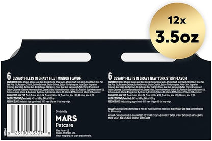 Cesar Filets in Gravy Adult Wet Dog Food, Filet Mignon and New York Strip Flavors Variety Pack, 3.5 oz. (12 Count, Pack of 1)