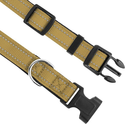 Reflective Dog Collar, Adjustable Soft Neoprene Padded Nylon Pet Collars with Buckle for Puppy and Small Dogs, Cats, Khaki,XS