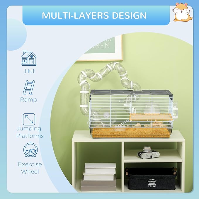 PawHut Hamster Cage, 2 Levels Gerbil Cage, Small Animal Cage for Dwarf Hamster with Tubes and Tunnels, Exercise Wheel, Food Dish, Water Bottle, Ramp, 23" x 13" x 12", Gray