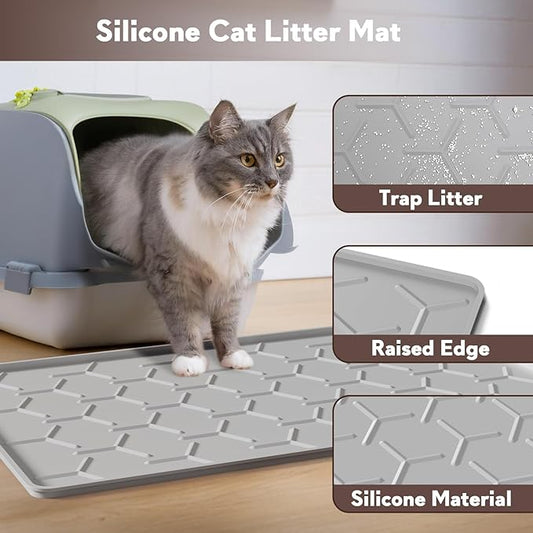 Cat Litter Box Mat, Silicone Kitty Litter Mat, 24" X 16" Waterproof Silicone Pad for Floor, Light Gray