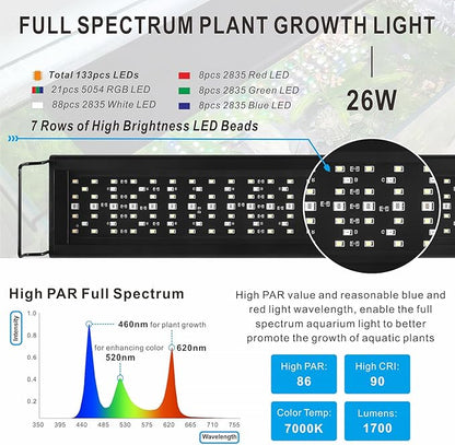 Advanced 7-Row LED Aquarium Light, Easy Setup Controller, Auto On Off Full Spectrum Fish Tank Light, 24/7 Lighting Cycle, 8 Colors, 10 Level Dimming, 26W for 18"-24" Freshwater Planted Tank