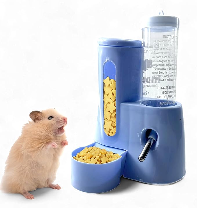 Hamster Water Bottle Stand with Food Bowl, 2 in 1 Automatic Water Bottle No Drip and Food Dispenser, Hamster Cage Accessories, Rat Enrichment Toys, Guinea Pig Accessories for Cage (Blue, 125ml)