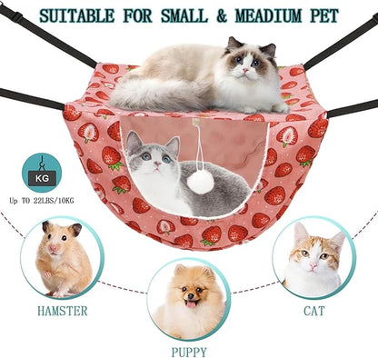 JSPYFITS Cat Cage Hammock with Ball,Double Layer Hanging Adjustable Soft Pet Bed Suit for Kitten Ferret Puppy Rabbit or Small Pet, 2 Level Indoor Bed for All Season(Pink Strawberries)