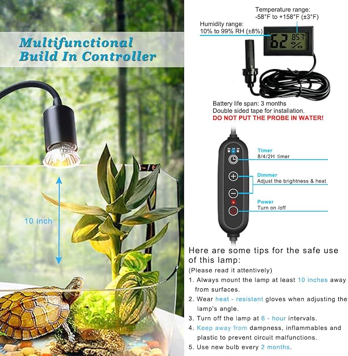 DOMICA Dimmable Reptile Heat Lamp with Timer + 75W UVA UVB Light Bulb, Basking Spot Light Simulated Sunlight, Heating Lamp for Turtle, Lizard, Snake, Beared Dragon, Amphibians