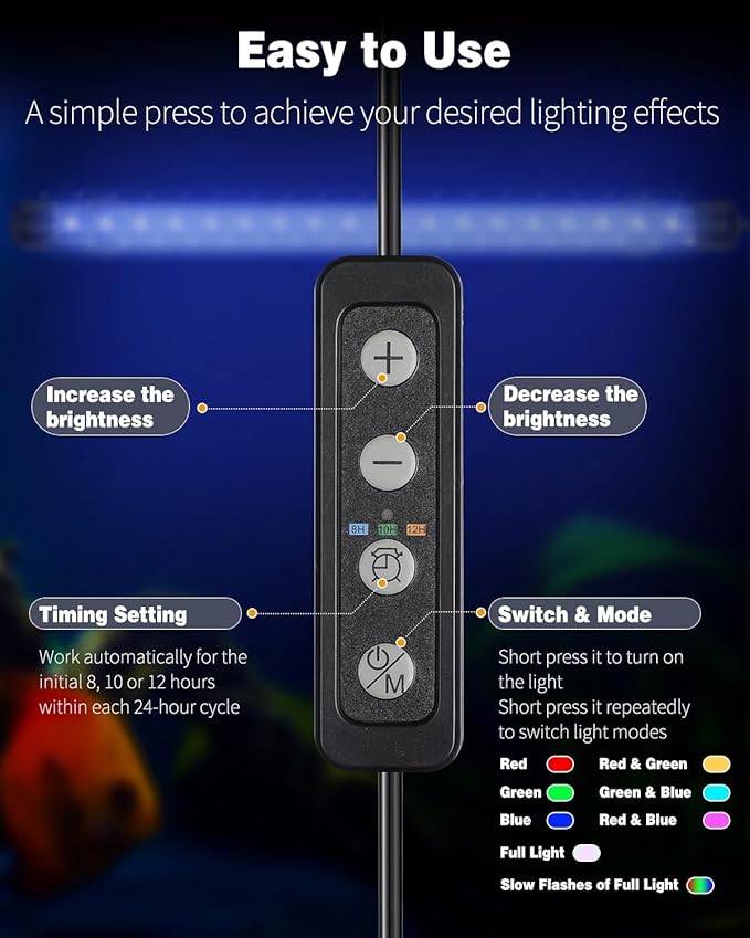 Pawfly 4.2 W Aquarium LED Light 15.2 Inch Underwater Fish Tank Light with Timer Auto On/Off Fish Tank Background Lights with 8 Lighting Modes Submersible Multi-Colored Tube Lights for Decoration