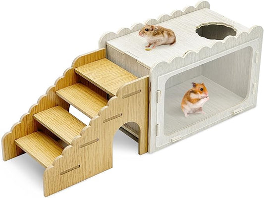 Fhiny Hamster Hideout Wooden Chamber with Climbing Ladder, Visible Hamster Digging Box with Acrylic Transparent Board Gerbil Platform Exploring House Habitat Decor for Dwarf Hamsters Gerbils Mice