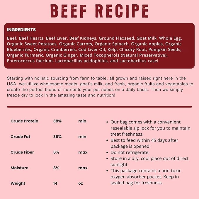 Freeze Dried Raw Dog Food, All Natural, No Synthetics, Made in USA with Goat's Milk & Organic Produce, High Protein, Complete Meal (14oz, Beef)