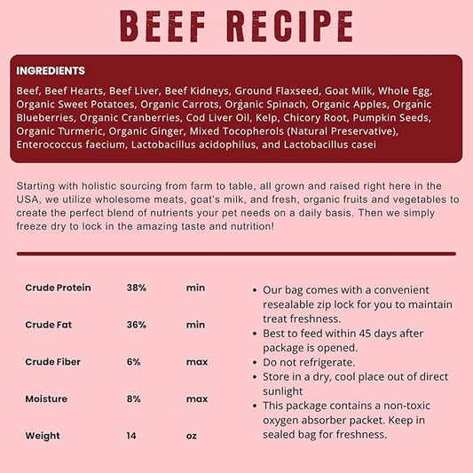 Freeze Dried Raw Dog Food, All Natural, No Synthetics, Made in USA with Goat's Milk & Organic Produce, High Protein, Complete Meal (14oz, Beef)