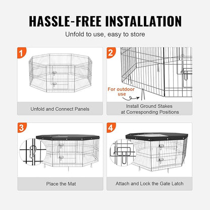 VEVOR Foldable Metal Dog Exercise Pen, Pet Puppy Playpen Yard Fence with Top Cover & Door, Indoor Outdoor 8 Panels 24" W x 24" H Dogs Crate Kennel with Ground Stakes for Small & Medium Dogs