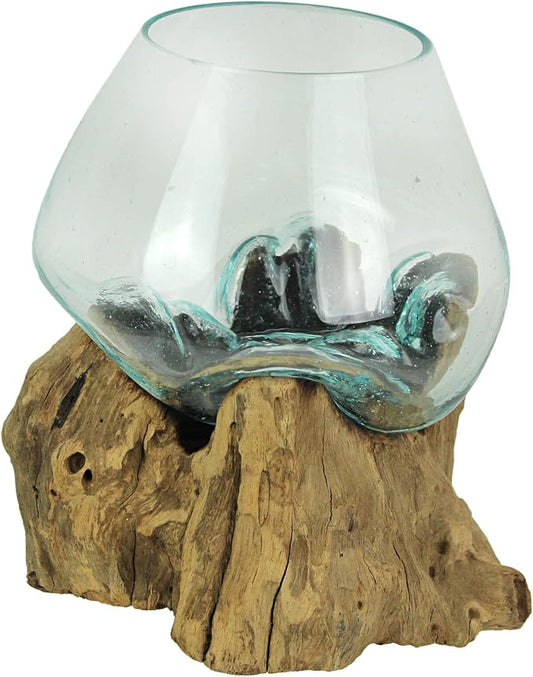 Handcrafted Melted Glass and Teak Driftwood Centerpiece Bowl/Sculpture- Unique 7-Inch Earthy Artistry for Succulents, Terrariums, and Decorative Displays