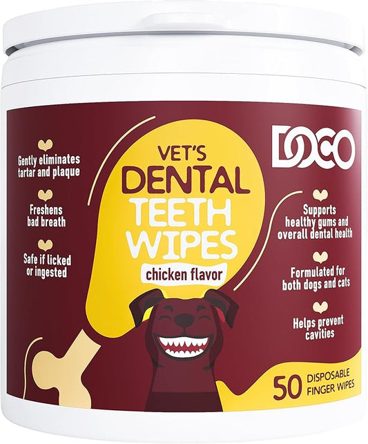 DOCO Dog Teeth Cleaning Wipes - Dog Tooth Brushing Kit, Remove Plaque & Tartar, Freshen Breath, No Rinse, Easy Pet Tooth Cleaning Kit for Oral Care, Ideal for Cat Owners - Chicken Flavor, 50 ct.