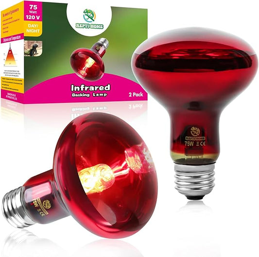 Reptile Heat Lamp Bulbs, Infrared 75W Reptiles & Amphibians Basking Spot Lamp Bulb-2 PCS, Red Heat Emitter Light for Chickens Coop