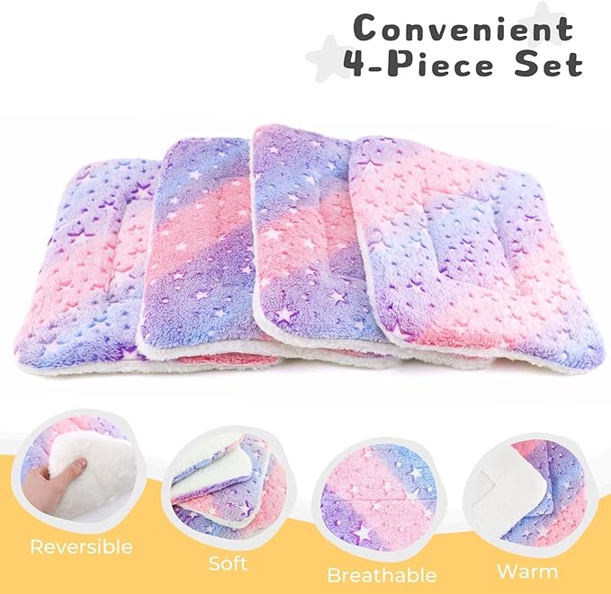 4-Pack Guinea Pig Bed, Washable Bunny Mat, Fleece Rabbit Bedding, Soft Flannel Small Animal Cage Liner, Blanket for Hamster Ferret - 14"x10"
