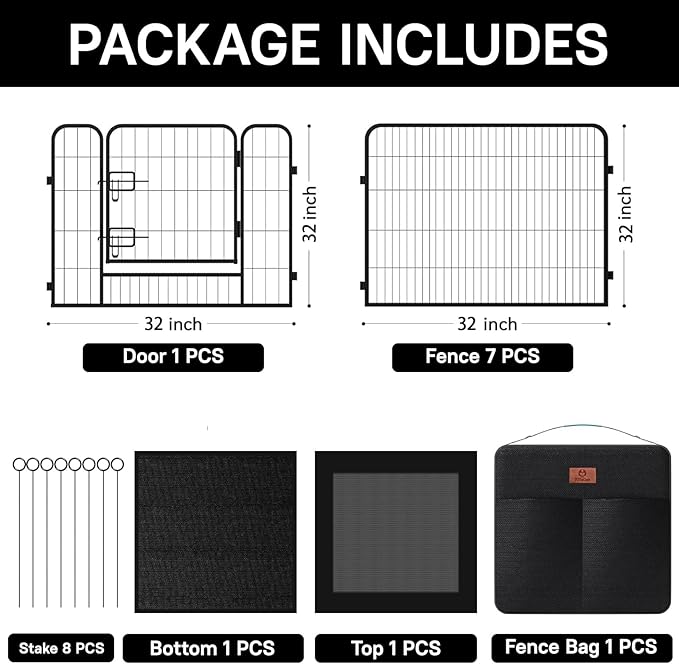 PJYuCien Dog Playpen Plus Storage Bag, 32" H 8 Panels Puppy Pen with Square Bottom & Top Cover, Heavy Duty Dog Fence for Camping