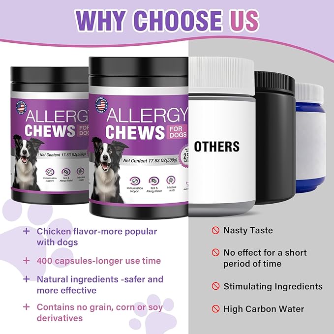 Dog Allergy Chews 500PCs， Dog Allergy and Itching Skin Relief Anti Itch Aller Immune Bites for Dogs Itching Licking Paws Treatment Relief Itchy Chew Probiotics Vitamins for Skin and Coat Allergies