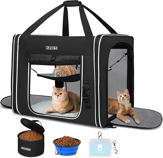 Petskd Combinable Pet Carrier for Large Cat or Medium Dog, 18"x17"x17" Large Cat Carrier for Car Travel, 2 Small Pet Soft Carriers with Food Bag, Bowl and Safety Locking Zippers for Vet, Camping