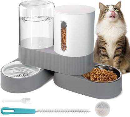 Automatic Gravity Cat Dog Feeder and Water Dispenser with 304 Stainless Steel Bowls 2 in 1 360 Degree Rotatable Auto 2.4L Dry Food and 2.6L Water Bowl for Small Medium Pet Dog Puppy Kitten (Gray)
