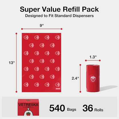 VETRESKA Strawberry Scented Dog Poop Bags, Leak Proof, Extra Thick and Large Pet Waste Bags for Dogs Walking and Cat Litter, 36 Refill Rolls, 540 Bags, Red