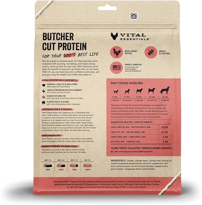 Vital Essentials Freeze Dried Raw Dog Food, Chicken Mini Patties Entree, 14 oz