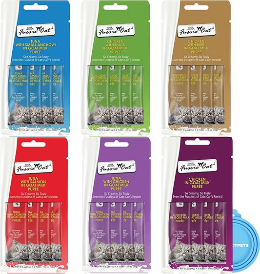 Fussie Cat Super Premium Cat Treats in Goat Milk Puree, lickable cat Treats,6 Packs of 4-0.5oz Tubes, Variety Flavor Pack of 6 Flavors.