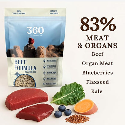 360 Pet Nutrition Freeze-Dried Raw Dog Food – Beef Recipe with Liver & Organs, High Protein with Omega-3s, Fruits, Veggies & Superfoods, Grain-Free, No Fillers, 5 oz – Made in USA