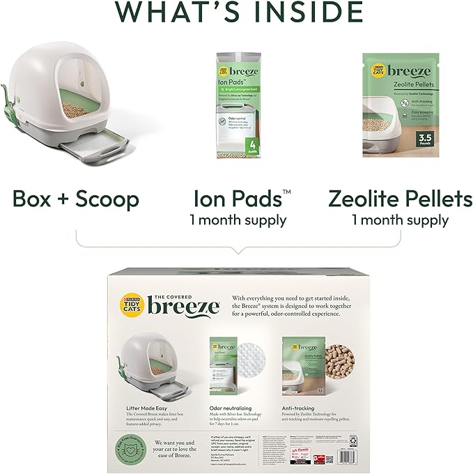 Purina Tidy Cats Hooded Litter Box System, BREEZE Hooded System Starter Kit Litter Box, Litter Pellets & Pads
