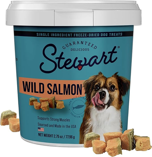 Stewart Single Ingredient Freeze Dried Raw Dog Treats, Wild Salmon, 2.75 Ounce, Approx. 55 Pieces per Resealable Tub, Training Treats or Meal Topper, High Protein, Grain Free, Gluten Free