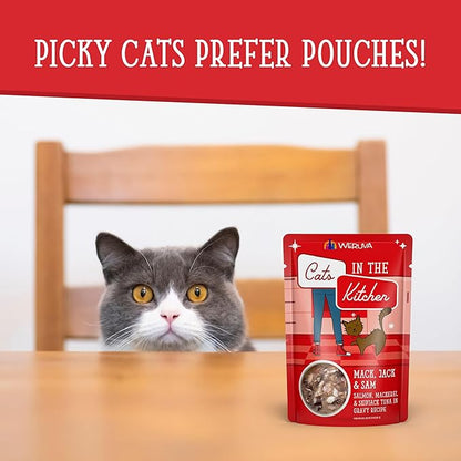 Weruva Cats in The Kitchen Mack, Jack & Sam with Mackerel, Skipjack & Salmon in Gravy Cat Food, 3oz Pouch (Pack of 12)