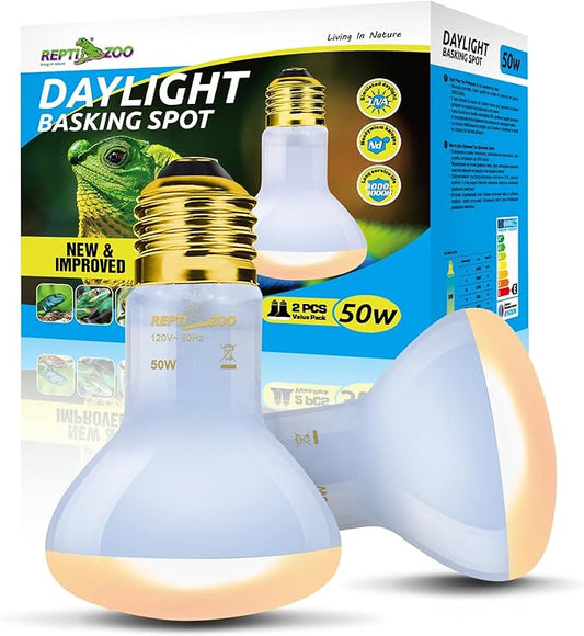 REPTI ZOO Reptile Heat Lamp, 2 Pack 50W Daylight Basking Spot Lamp for Reptiles UVA Daylight Heating Lamp Bulb Basking Light for Bearded Dragon, Tortoise, Geckos, Chicken