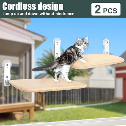 Sunhoo 2PCS Cat Window Hammock Perch Cordless Window Sill Seat Bed Foldable Kitty Lounger Indoor Cats Shelf Stable Upgraded Suction Cup Easy Assembly 20.5 * 11.8in Hold Up to 55lbs (Beige, M)