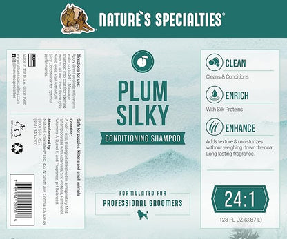 Nature's Specialties Plum Silky Ultra Concentrated Dog Shampoo Conditioner, Makes up to 24 Gallons, Natural Choice for Professional Pet Groomers, Silk Proteins, Made in USA, 1 gal