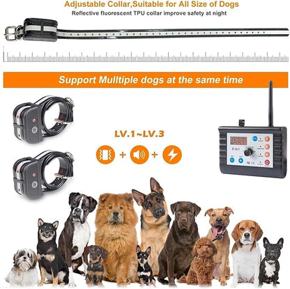 Dog Wireless Fence Pet Training Collar Two Way Signal 2-in-1 System, Adjustable Control Range Warning Strength, Display Battery Level, Waterproof Reflective Dog Collar