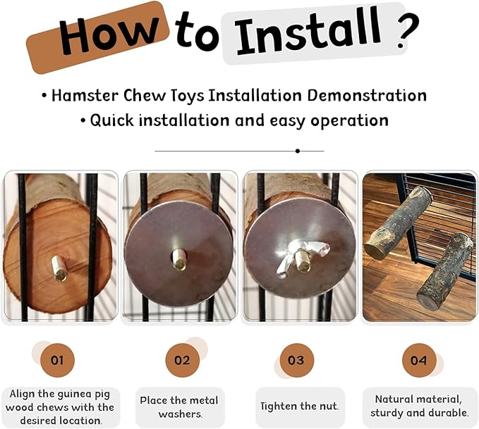 QBLEEV 3 PCS Hamster Chew Toys for Teeth, Chinchilla Cage Accessories Supplies, Guinea Pigs Natural Wood Chews Sticks for Rat Squirrels, Rabbits Perch Toys Birds Standing Platform for Parrot Bunny