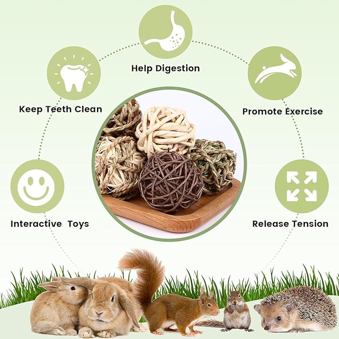 William Craft Bunny Chew Grass Balls, 6 Pcs Rolling Chew Toys for Small Animals, Natural Chew Grass Toys and Bunny Treats for Rabbits, Guinea Pigs, Chinchillas, Hamsters, Mice Teeth Grinding
