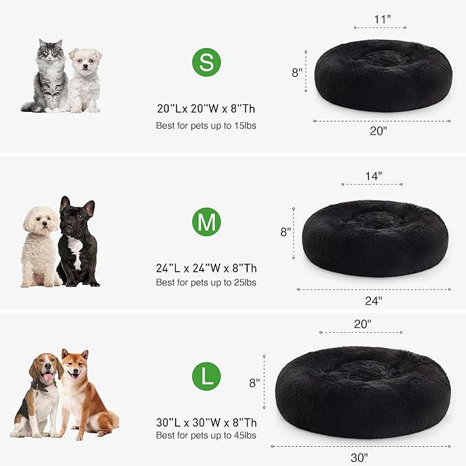 Love's cabin Calming Cat Bed for Indoor Cats,Anti-Anxiety Donut Round Dog Bed,Fluffy Faux Fur Washable Pet Bed for Small Medium Dogs and Cats,Black,20in