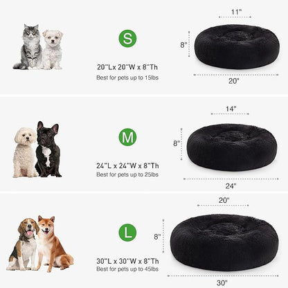 Love's cabin Calming Cat Bed for Indoor Cats,Anti-Anxiety Donut Round Dog Bed,Fluffy Faux Fur Washable Pet Bed for Small Medium Dogs and Cats,Black,20in